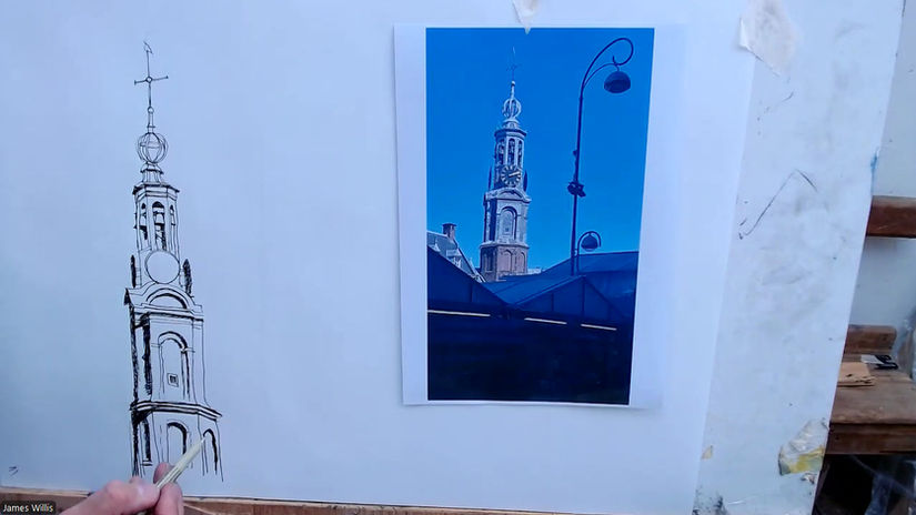 Drawing Cafe Pen Church and Lamp